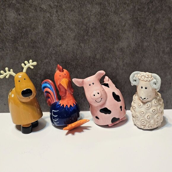 unbranded Other - Set Of 4 Ceramic Animal Ornaments  Deer Rooster Cow Sheep Farm Christmas Decor